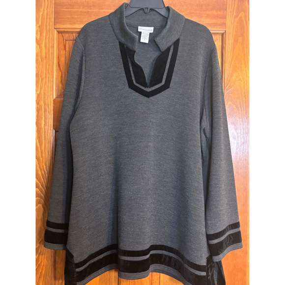 Soft Surroundings Wool Blend Tunic Top Gray Black Velvet Trim Size 1X - Picture 1 of 8
